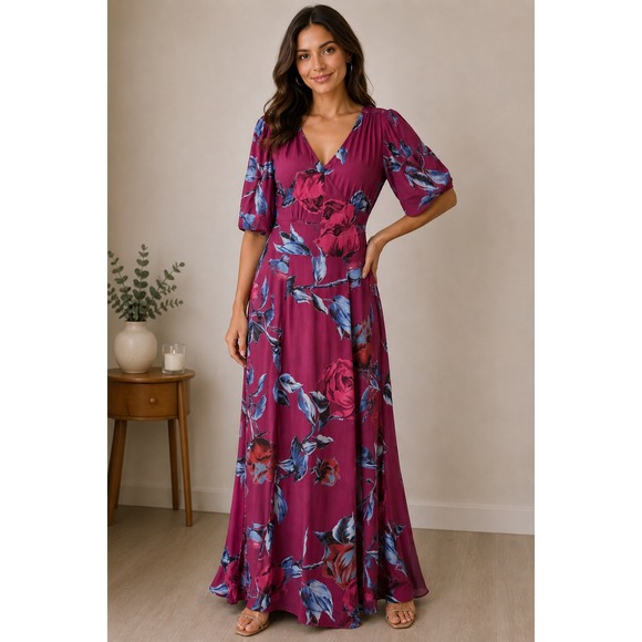 eshakti Dresses & Skirts - Eshakti-‎ Plum Floral Rose V-Neck Maxi Dress Short Puff Sleeve Special Occasion